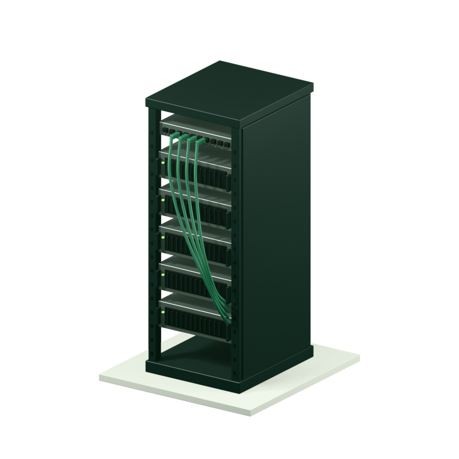 Model 3D ilustratif rack jaringan dengan server dan patch panel