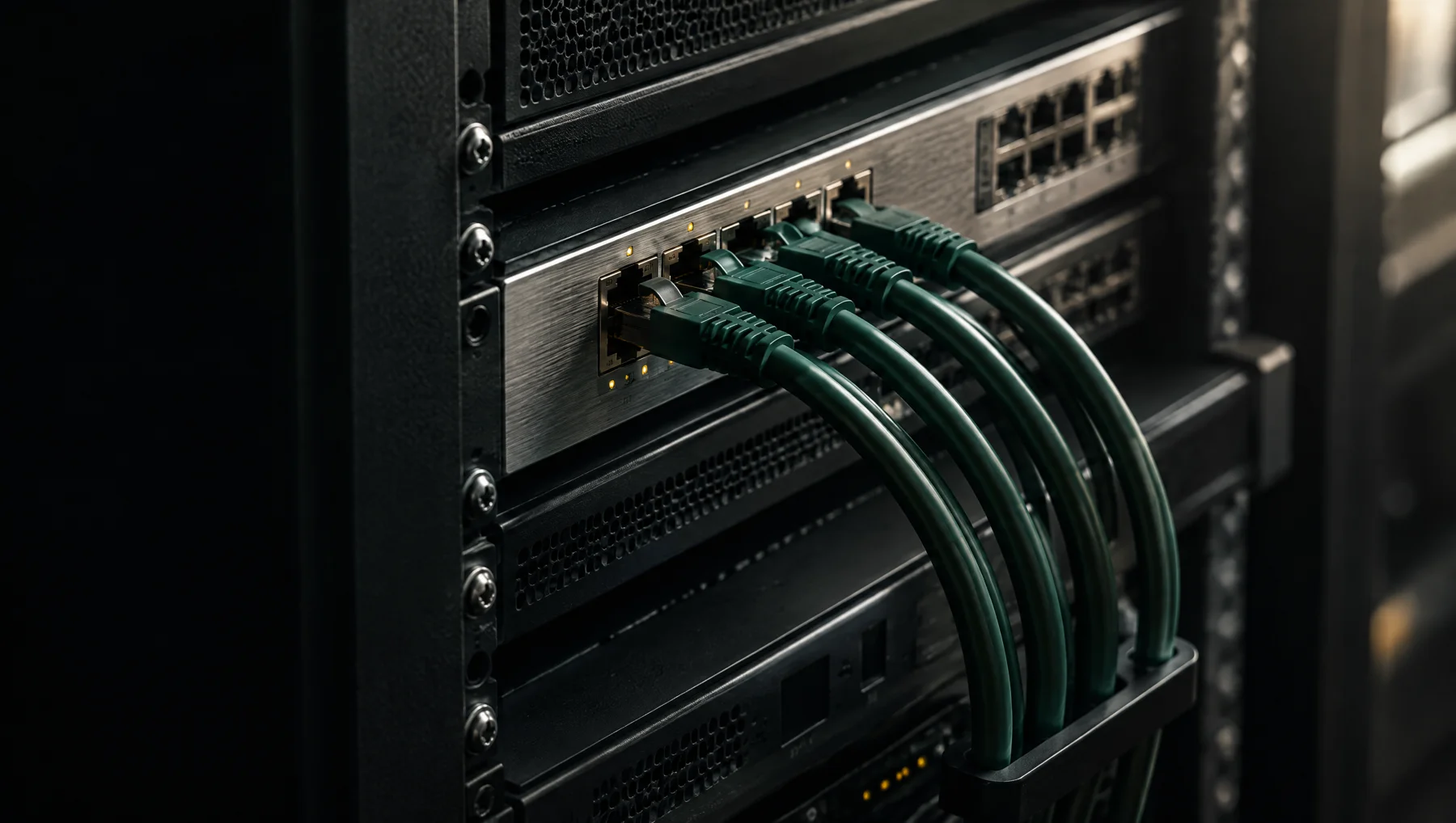Ilustrasi detail patch panel dengan kabel hijau pada rack jaringan